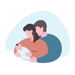 Silhouettes of father and mother with a baby in their arms. Loving family with a newborn. Vector graphics.