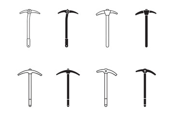 Silhouette of minimalist ice axe icon set for outdoor adventure and cold climate tools