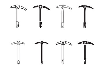 Set of black and white ice axe icons for winter sports and mountaineering design