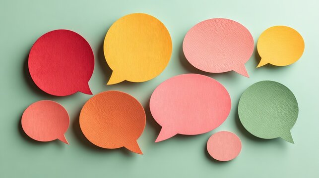 Colorful speech bubbles on pastel background, symbolizing abstract communication and creative expression