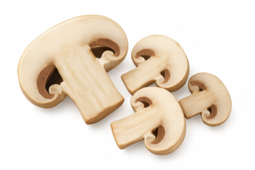 Four mushroom slices viewed from above, showcasing gills and stems, isolated on a transparent background