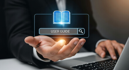 Digital User Guide Interface in Hand. User Guide Interaction ,User manual guide, Online instruction manual and strategy advice, .User Guide and Online Help System .