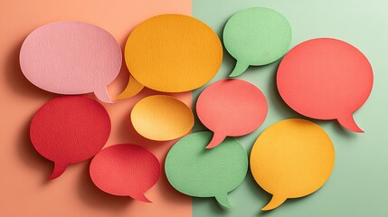 Colorful speech bubbles on pastel background, symbolizing abstract communication and creative expression