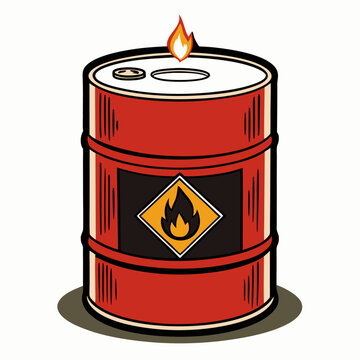 Hazardous oil barrel with flame symbol vector illustration of industrial oil drum and warning sign