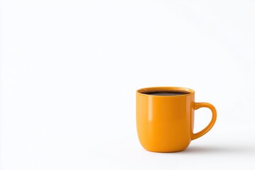Bright yellow coffee mug filled with dark beverage isolated on white background, perfect for morning routine and cozy atmosphere, minimalistic design