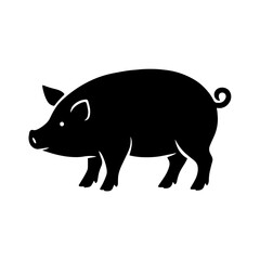 Black and white vector silhouette of a pig on white background