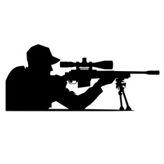 Obraz premium Black and white vector silhouette of a sniper on white background