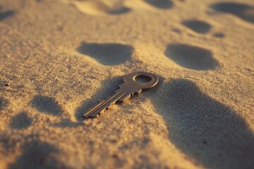 A metallic key rests on sandy beach.