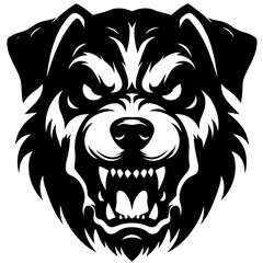 Black and white vector silhouette of a furious dog face on white background