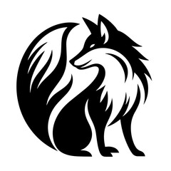 Black and white vector silhouette of a fox on white background