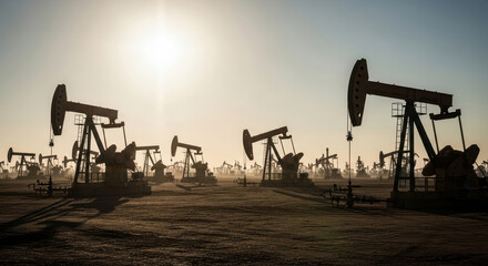 A vast oilfield with many pump jacks working under a hazy sky representing the large scale extraction of crude oil by the fossil fuel industry