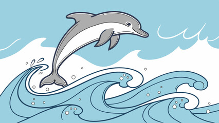 Obraz premium Illustration of a dolphin leaping out of the ocean waves against a light blue sky with white clouds and bubbles