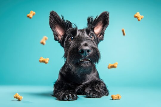 Happy black terrier surrounded by flying dog treats on a vibrant blue background
