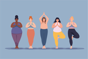 colourful illustration of Diverse group of people practicing yoga in a group class