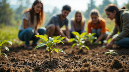 A close-up, low angle shot focusing on a bright green young tree sapling recently planted in rich, dark soil.