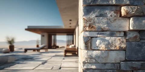 Architectural photography of a modern minimalist house, focusing on a textured stone wall under bright sunlight. The background features a soft-focus garden.