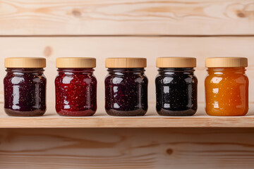Five glass jars of artisan jams line a wooden shelf. Each jar features a bamboo lid and contains vibrant, glossy preserves in shades of red, purple, and orange.