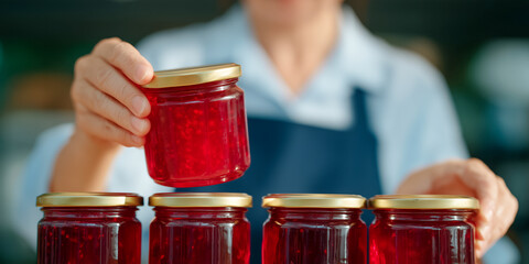 A woman in an apron carefully stacks jars of bright red jam with golden lids on a wooden surface. The jars are filled to the brim, showcasing their glossy texture.