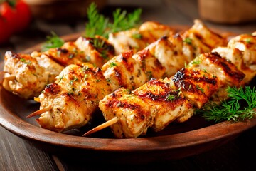 Tender chicken skewers are beautifully grilled to perfection and plated with aromatic herbs. This dish showcases a mouthwatering combination of flavor and presentation