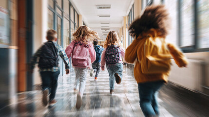 Back view of group of elementary school kids running joyfully down school hallway with backpacks, motion blur effect, bright natural light through windows, energetic and happy childhood moment