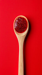 A wooden spoon rests on a vivid red background, showcasing a glossy layer of bright red jam filled with tiny seeds, emphasizing texture and color contrast.