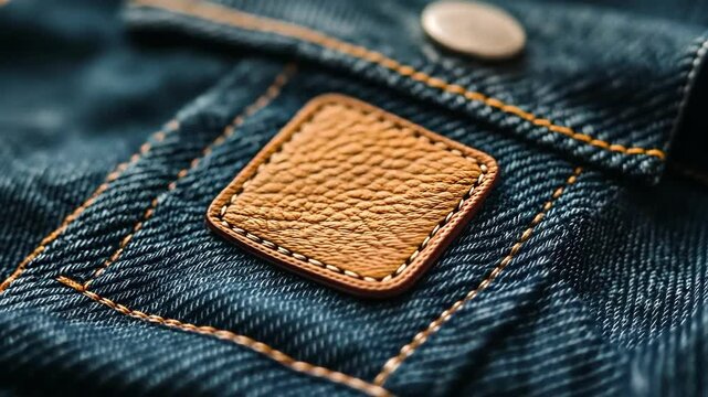 Close-up of a brown leather patch on blue denim jacket