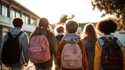 Fototapeta premium Back view of happy pupils from different ethnic backgrounds walking side by side, carrying backpacks, heading into school together, morning light and positive school vibes