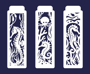Bookmarks, vertical panels with cut-out marine design, seahorse, octopus, algae