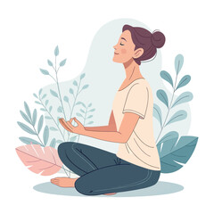 Serenity in Bloom: A tranquil woman in lotus position practices mindfulness amidst a backdrop of gentle foliage, encapsulating the essence of peace and balance. 
