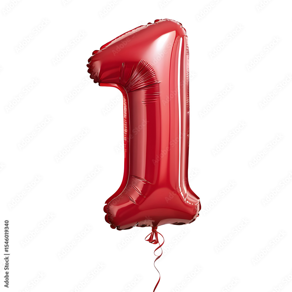 Fototapete a balloon shaped like the number 1,glossy red metallic finish with realistic reflections and smooth 