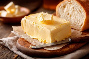 Slices of rustic bread sit next to a thick block of creamy butter, artfully placed on a wooden cutting board near a linen cloth. The warm ambiance invites for a cozy meal