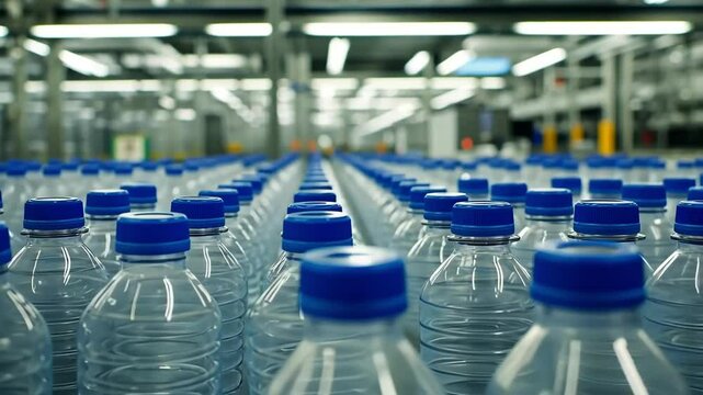Rows of plastic water bottles on a production line in a factory.