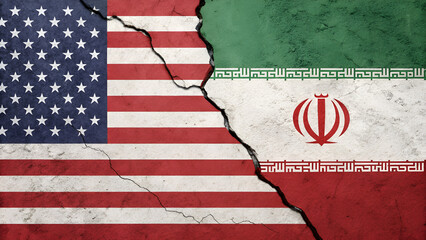 Cracked America vs Iran flags background 