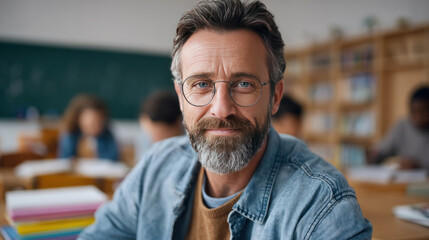 Fototapeta premium Close-up portrait of experienced male teacher looking at camera, classroom blurred in background, open books and teaching materials nearby, modern and reliable educator look