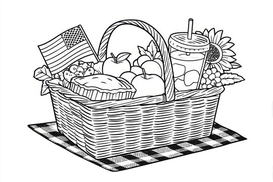 Patriotic Independence Day Picnic Basket Line Art with July 4th Food Essentials in Coloring Book Style