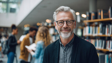 Fototapeta premium Content college teacher with grey hair and glasses, standing in modern academic library, background of stacked books and students reading, welcoming and professional appearance
