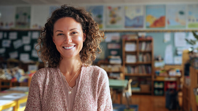 Friendly female teacher smiling at camera inside colorful elementary school classroom, bookshelves and posters behind, bright natural lighting, positive and welcoming learning environment