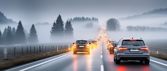 Morning Traffic Disrupted by Thick Fog Blanketing Highway in Natural Disaster Scenario