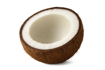 Fresh coconut half cracking open, white meat exposed, floating against transparent backdrop