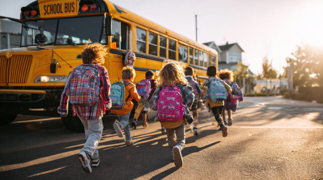 Group of cheerful schoolchildren running from yellow school bus toward school building, wearing colorful backpacks, early morning sunlight, first day of new academic year excitement