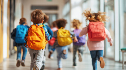 Group of elementary school kids running through bright school corridor, back view, colorful backpacks bouncing, natural light from windows, joyful and energetic school environment