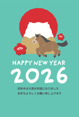 初日の出と富士山、馬のイラスト　年賀状デザイン　2026　午年　