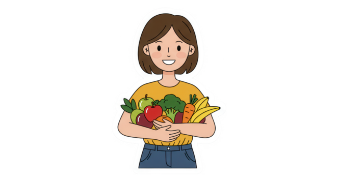 Happy Woman Holding Fresh Fruits and Vegetables - Healthy Eating Illustration