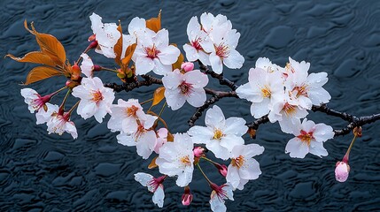 Rain Covered Cherry Blossoms on Branch Over Dark Water Flowers Spring Nature