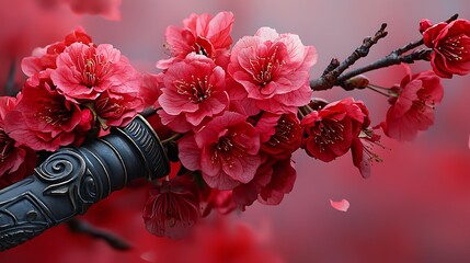 Vibrant red plum blossoms on a branch near an ornate dark vase Close up view of delicate flowers