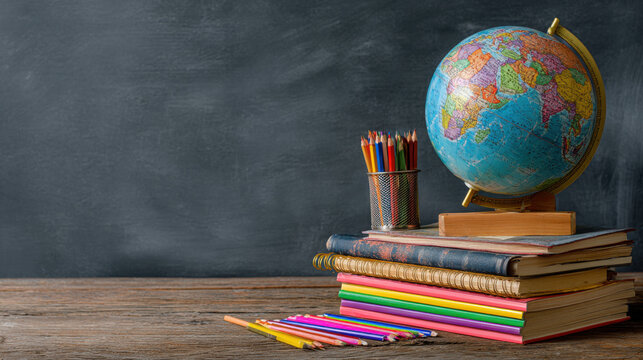 Back to School Concept. Earth Globe, Books, Notebooks, Colorful Stationery. Education and School Supplies. Blackboard Chalkboard Background for Learning. Stack of Books and.