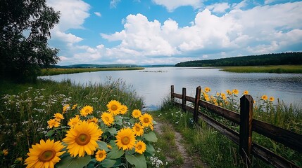 Sunflowers blooming near a calm lake under a partly cloudy sky wooden fence by a lakeside path