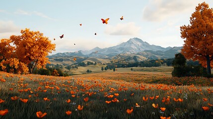Autumnal landscape Orange wildflowers autumn trees and snow capped mountains Butterflies fly across a field