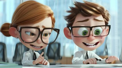 Two happy cartoon office workers smiling. Suitable for business presentations, marketing materials, websites, and social media posts. Great for corporate designs.