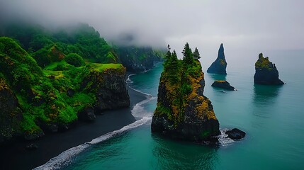 Coastal cliffs lush green vegetation dark volcanic rock formations rising from teal ocean water under a misty sky